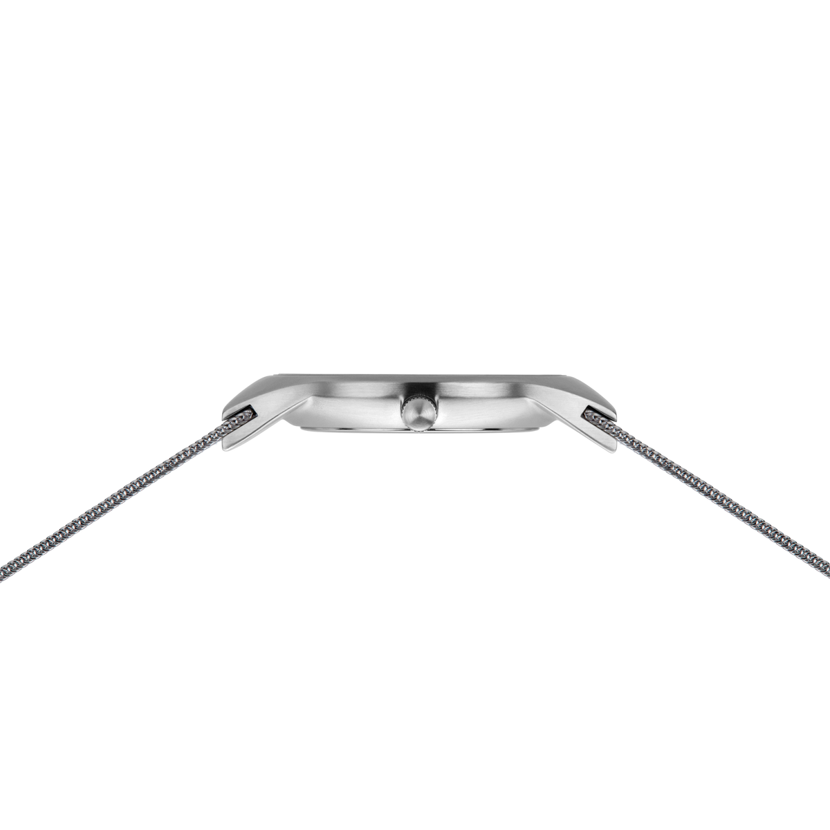 Steel watch case and mesh band viewed from the top edge, showing the lugs and band connection points