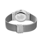 Wristwatch viewed from back with silver mesh band and rectangular clasp