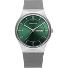 BERING stainless steel watch with green dial, mesh band, and date window