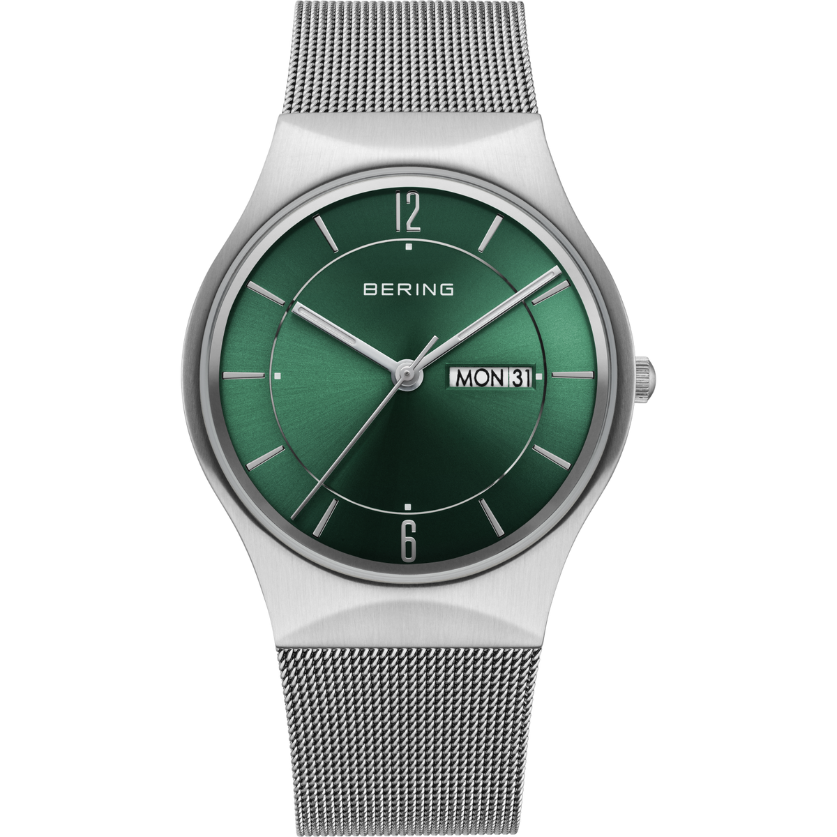 BERING stainless steel watch with green dial, mesh band, and date window