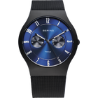 BERING titanium watch, blue dial with white markers, two sub-dials, black mesh band.