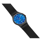 Black round watch with bright blue dial and white markers, black mesh band, shown at three-quarter angle