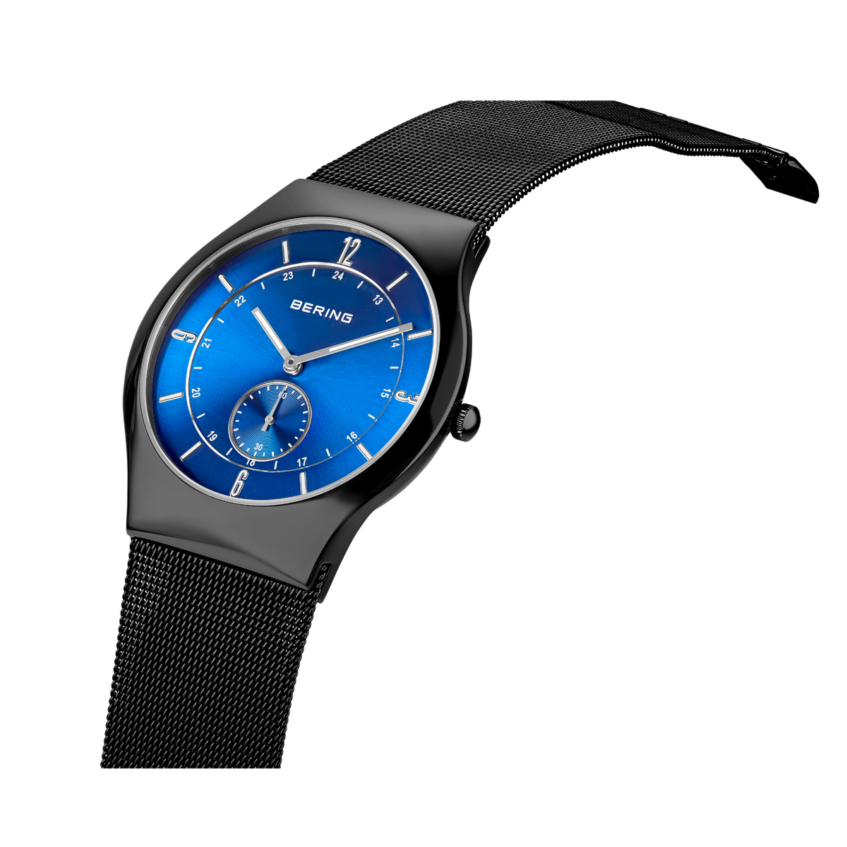 BERING wristwatch with bright blue dial, black mesh metal band, and small subdial at 6 o'clock. Gray case.