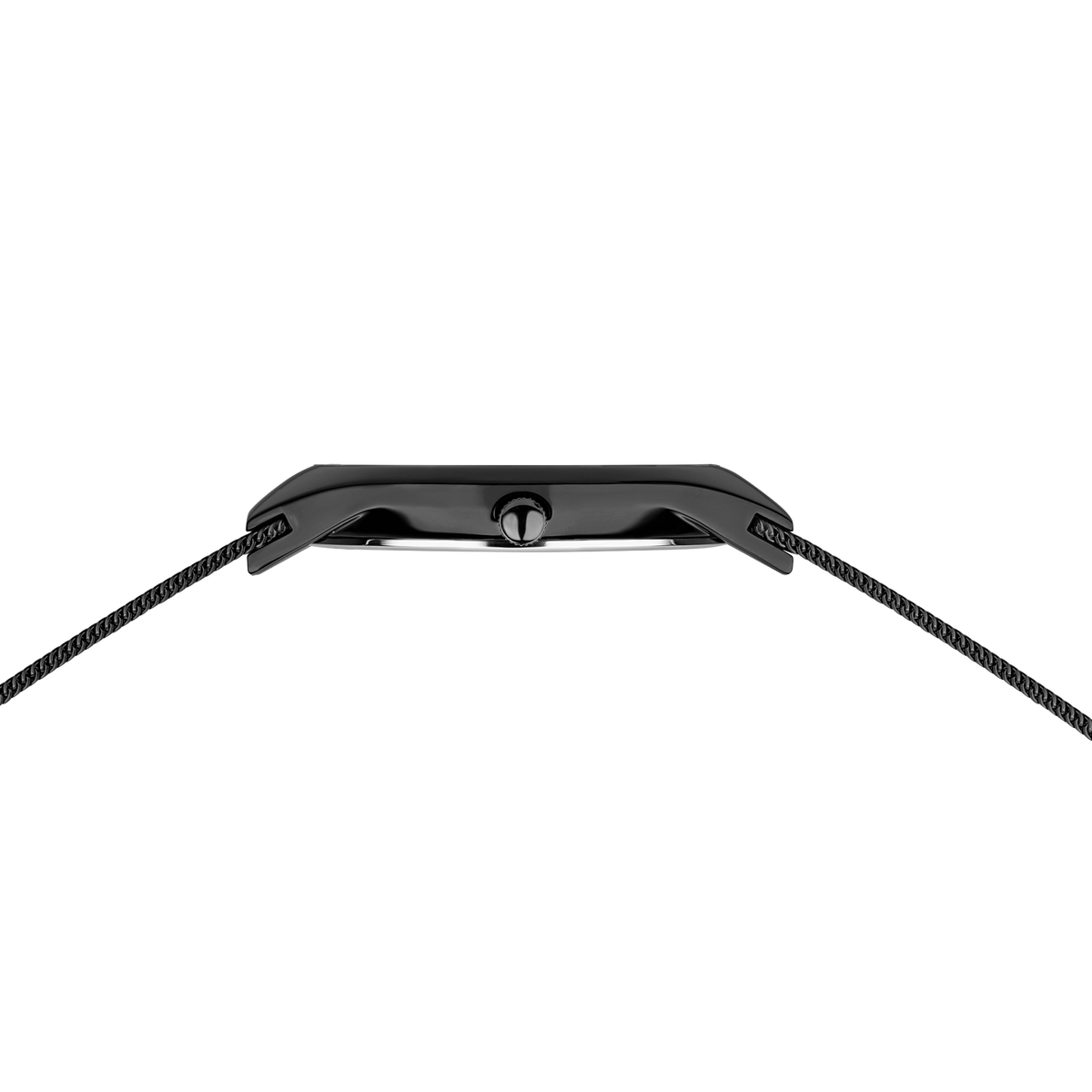 Watch case viewed from side angle with textured black band, showing case profile and depth.