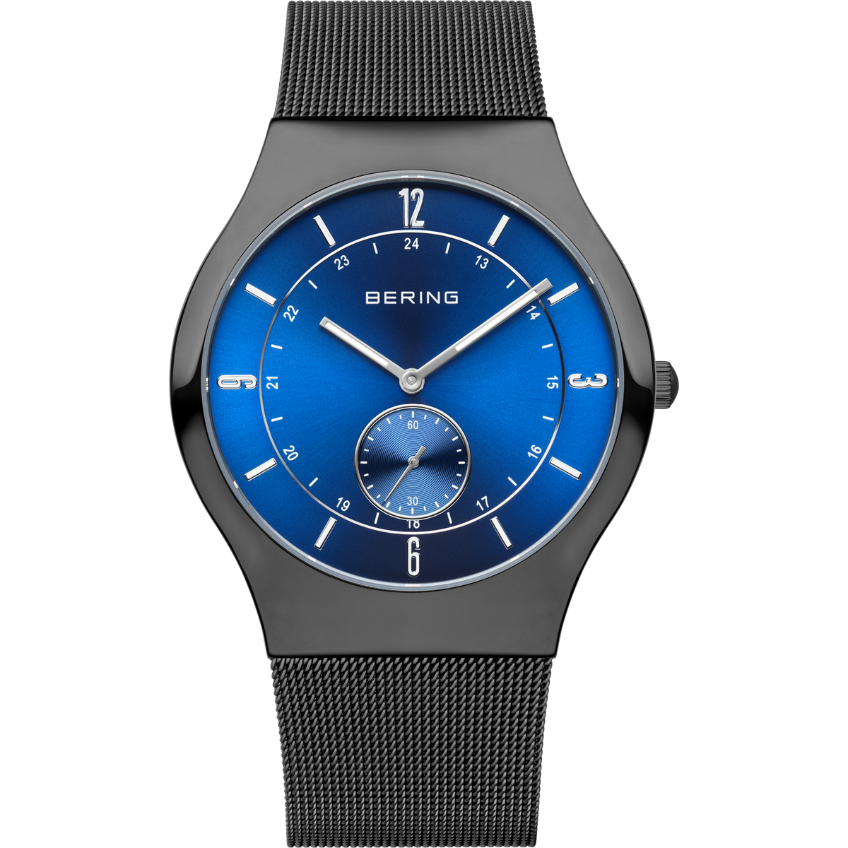 BERING watch with blue dial, dark gray case, mesh bracelet, and small subdial