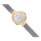 Schuine weergave van goudkleurig polshorloge diagonaal gekanteld, rond horloge en grijze meshband zichtbaar.