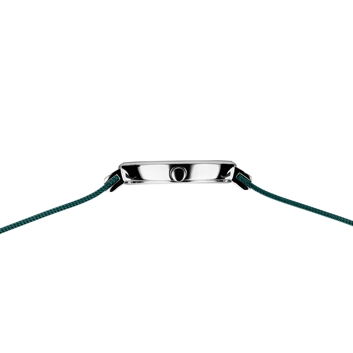 BERING watch 12034-808 viewed from the side, showing polished steel case with teal fabric strap