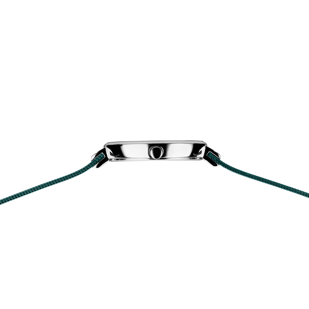 BERING watch 12034-808 viewed from the side, showing polished steel case with teal fabric strap