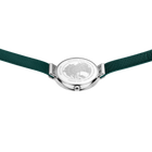 Watch viewed from back with dark green textile straps and silver-toned case
