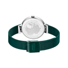 Back view of BERING wristwatch showing silver caseback and dark teal textile strap with clasp.