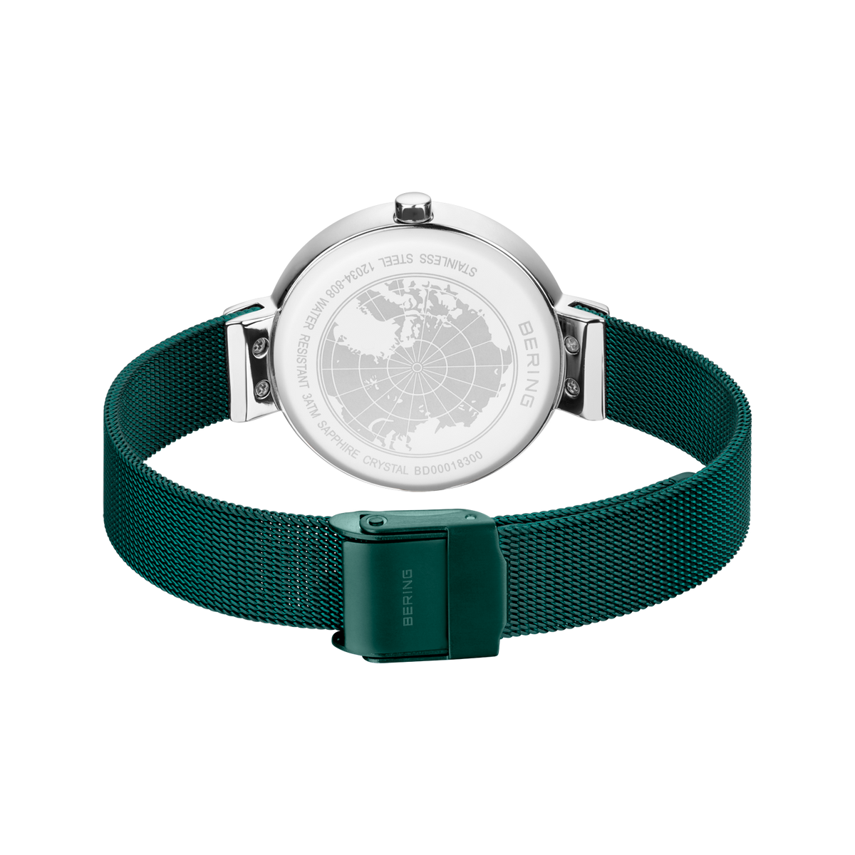Back view of BERING wristwatch showing silver caseback and dark teal textile strap with clasp.