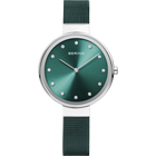 BERING wristwatch with teal dial, white hour markers, silver case, and teal mesh band