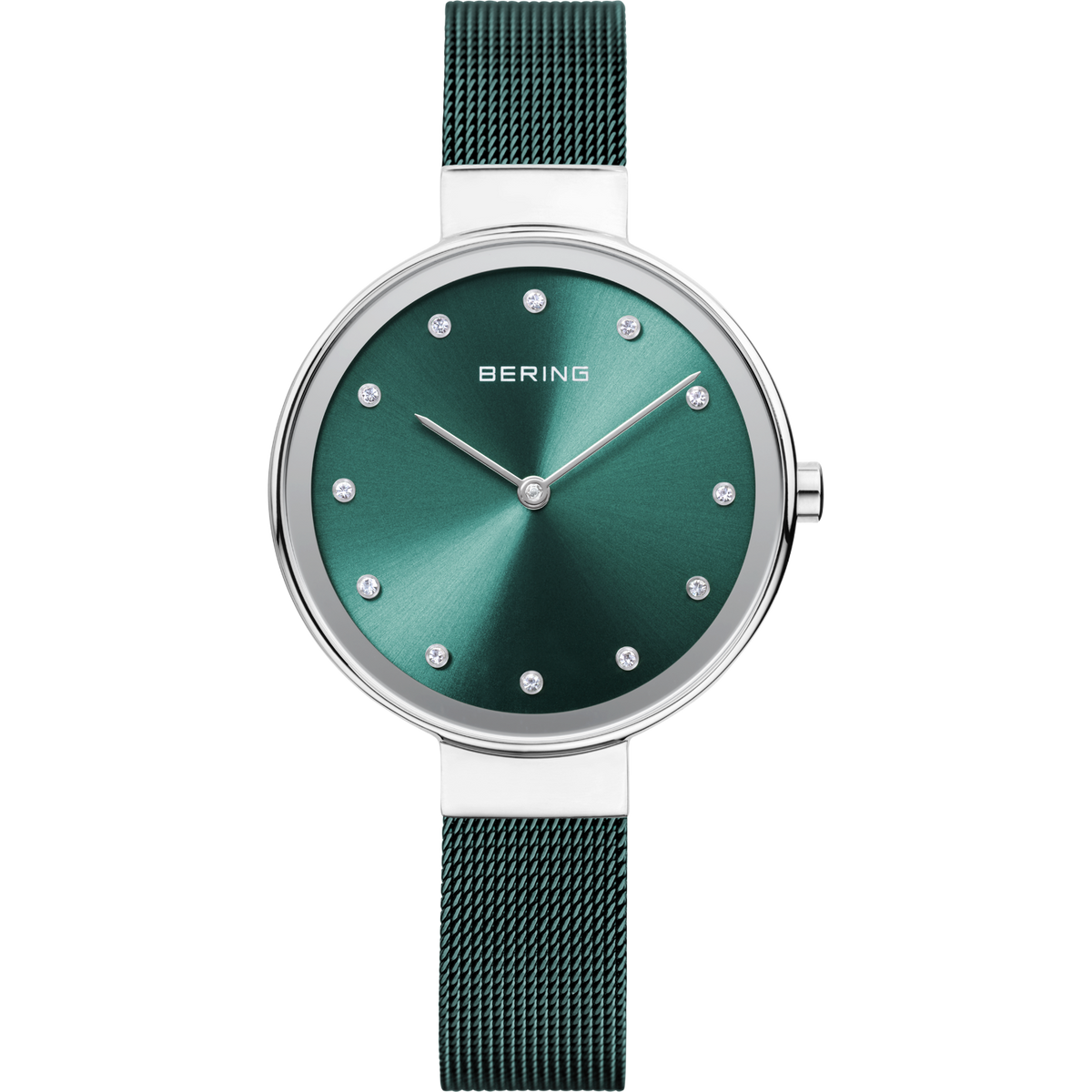 BERING wristwatch with teal dial, white hour markers, silver case, and teal mesh band