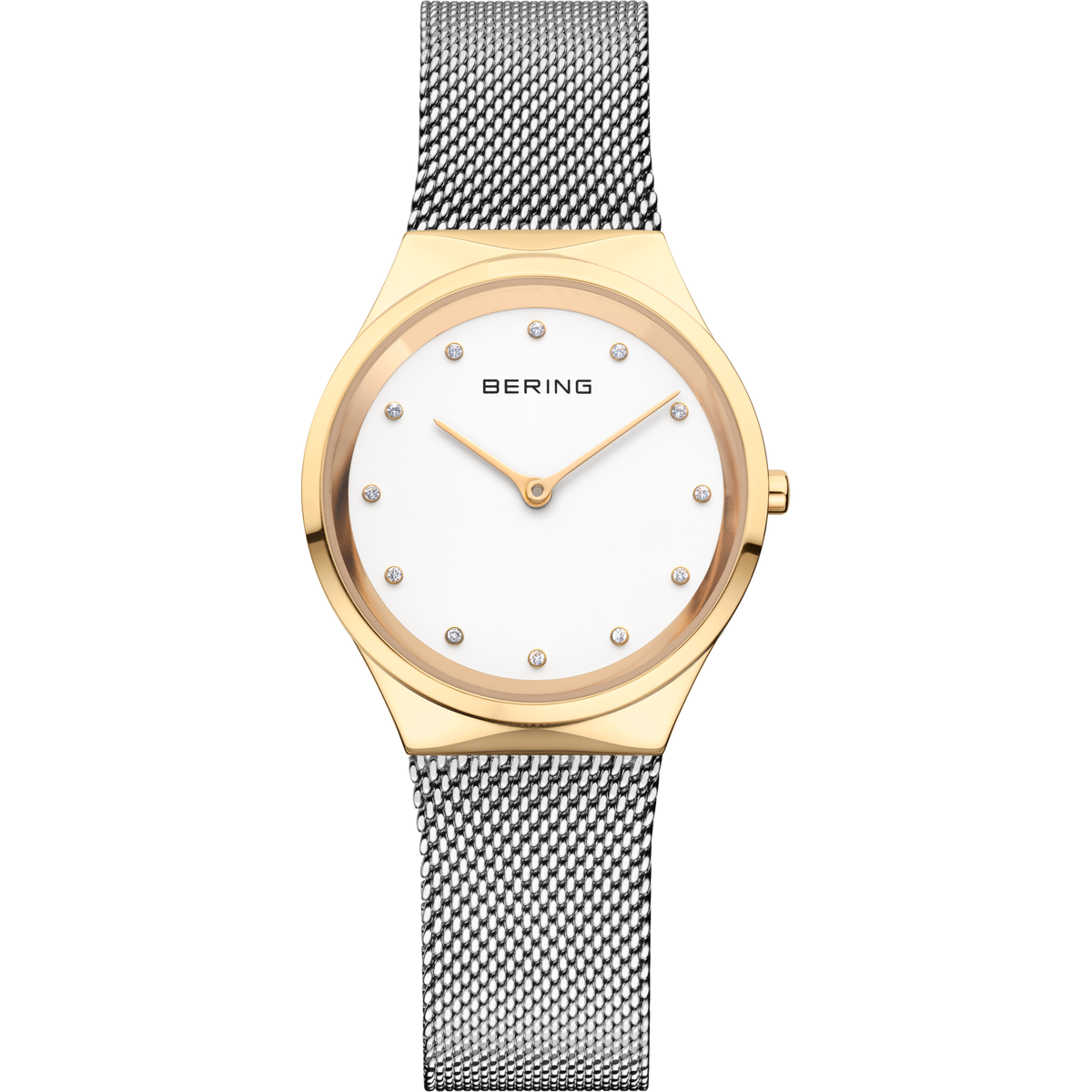 Round gold watch with white dial, dot indices, BERING text, gold hands, and silvery mesh metal bracelet.