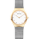 Round gold watch with white dial, dot indices, BERING text, gold hands, and silvery mesh metal bracelet.