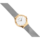 Rose gold watch with white dial and grey mesh band, angled view