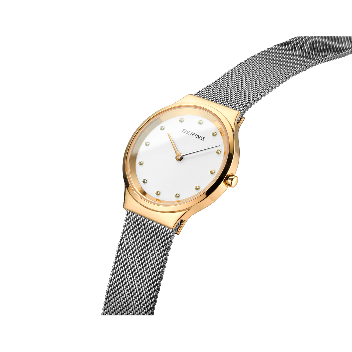 BERING watch with rose-gold case, white dial with dot hour markers, and gray mesh bracelet shown at an angle.