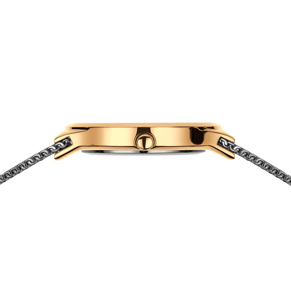 Watch case in profile with gold-tone finish and chain bracelet