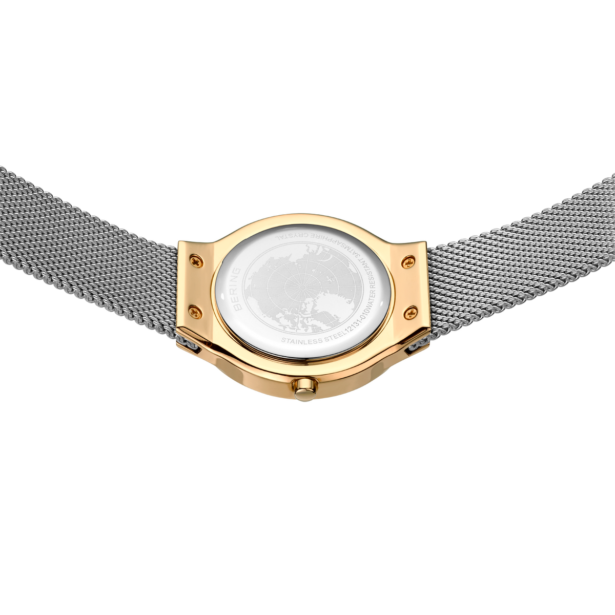 Watch from above showing white face, gold case, and metal mesh band