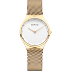 Orologio BERING color oro con quadrante bianco, lancette minimaliste e cinturino mesh abbinato di fronte.