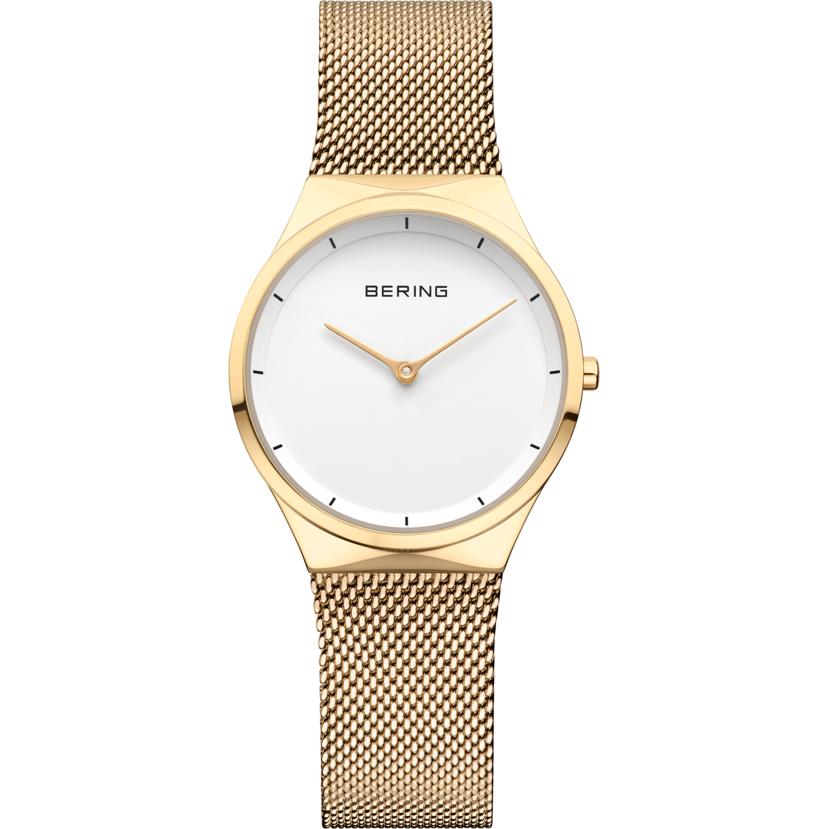 Orologio BERING color oro con quadrante bianco, lancette minimaliste e cinturino mesh abbinato di fronte.