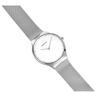BERING watch at diagonal angle showing round face with minimal dial markings and patterned band