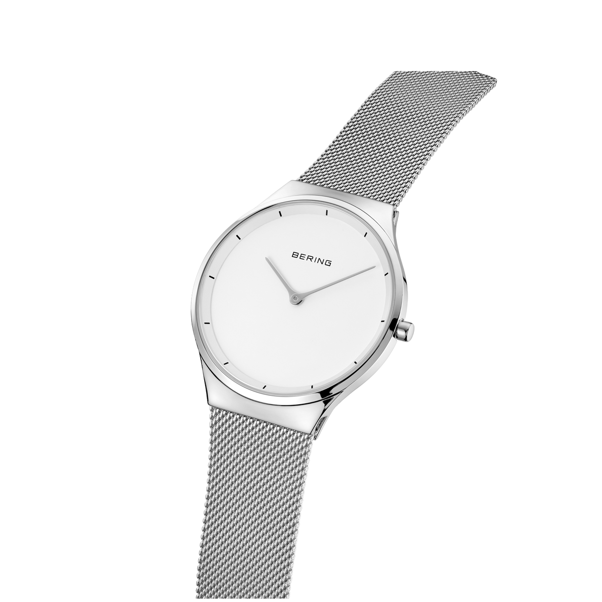 BERING round wristwatch with white dial, silver case and mesh bracelet, tilted three-quarter view