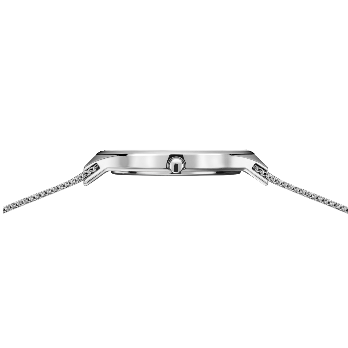 Side view of rectangular stainless steel watch with chain-link bracelet