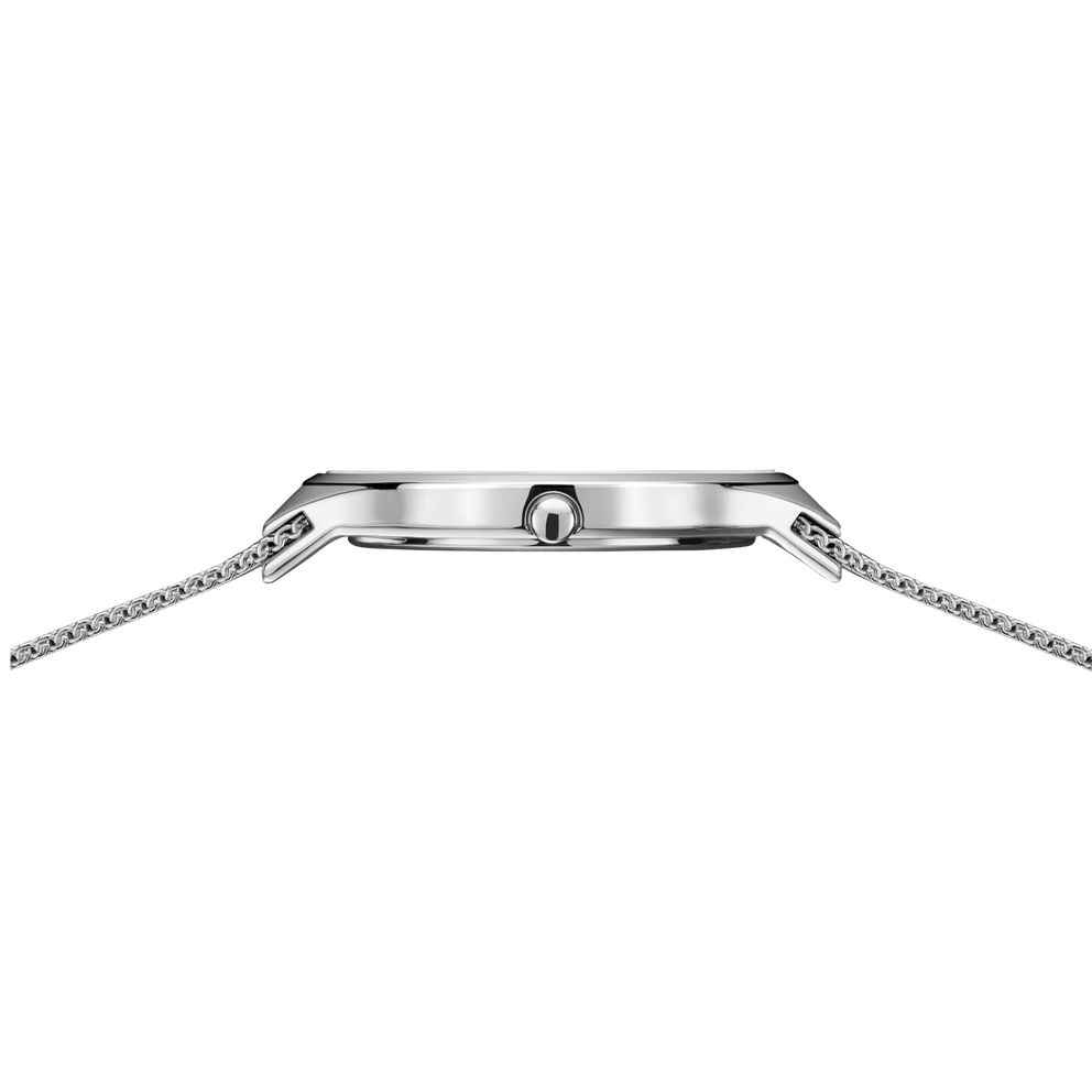 Side view of rectangular stainless steel watch with chain-link bracelet