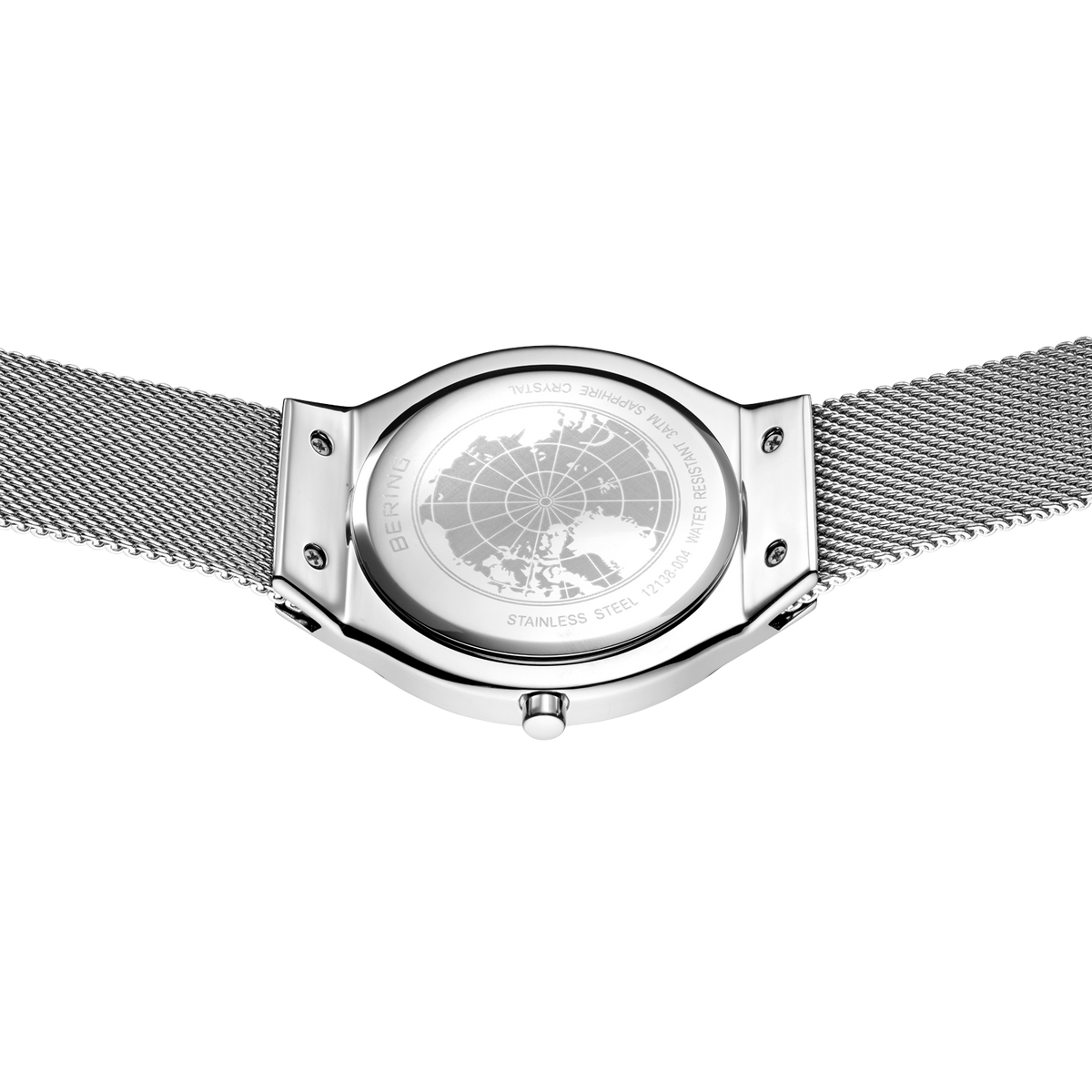 Silver watch with minimalist dial displayed flat-lay with mesh bracelet extending to both sides