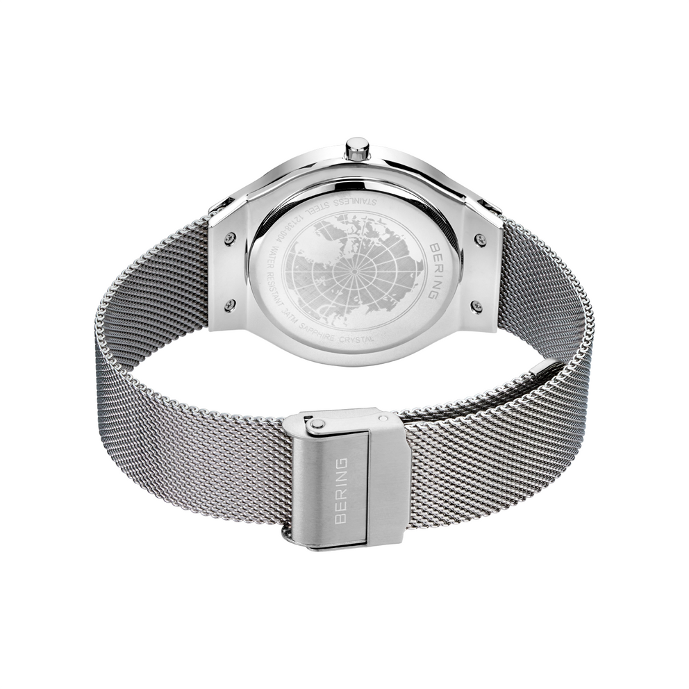 Back of BERING watch with engraved caseback and stainless steel mesh band
