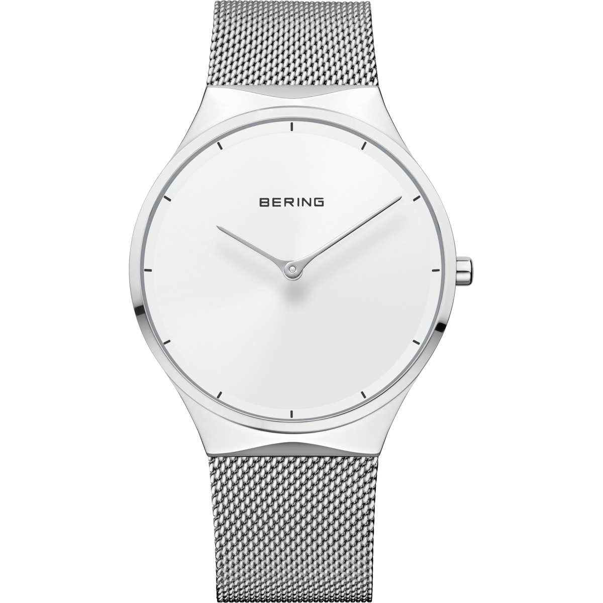 BERING stainless steel wristwatch with white dial, mesh bracelet, and thin hands