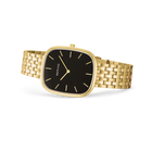 BERING watch displayed at 45-degree angle, gold-tone rectangular case with black dial and matching bracelet