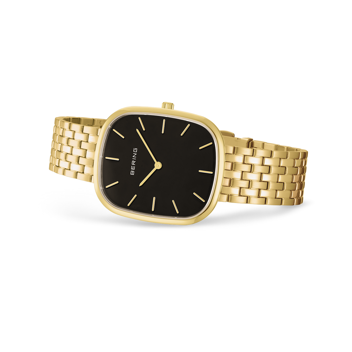 BERING watch displayed at 45-degree angle, gold-tone rectangular case with black dial and matching bracelet