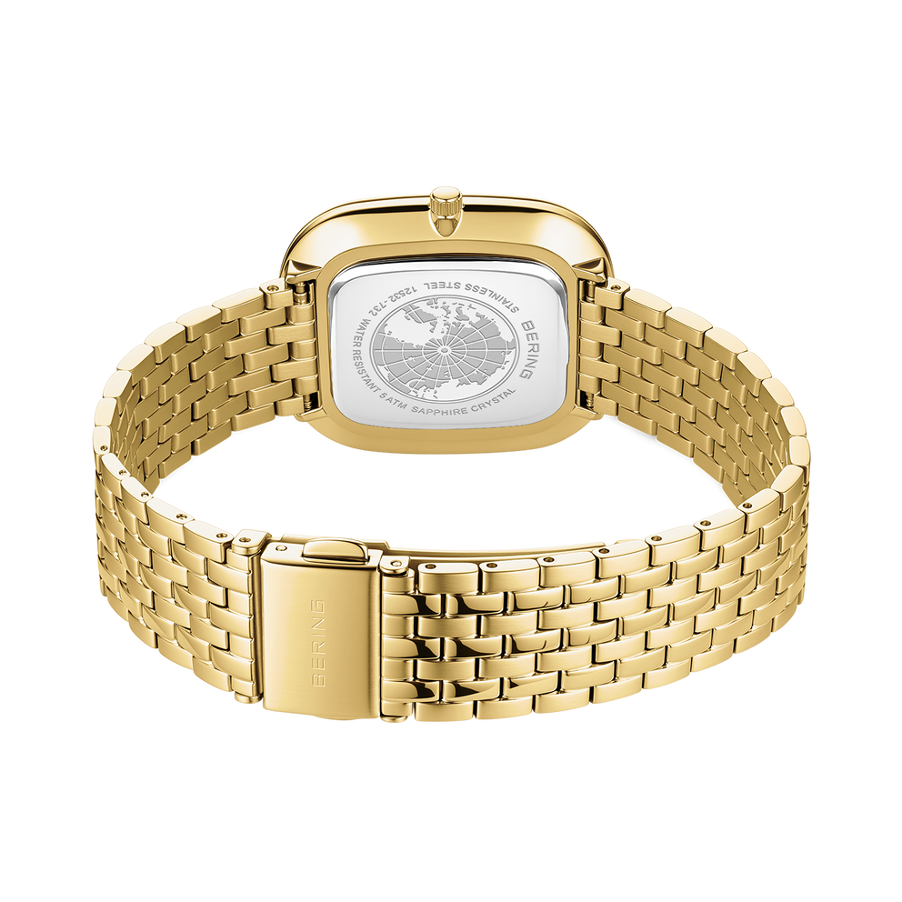 Back view of BERING watch showing full gold-tone bracelet construction and case back