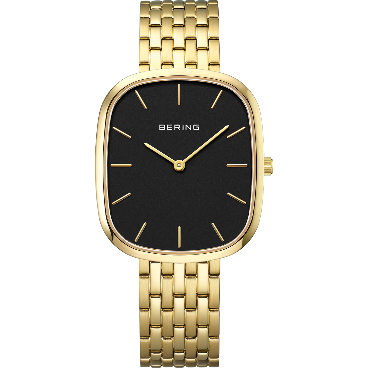 Rectangular BERING watch with gold-tone case and bracelet, black dial with gold hour markers and hands