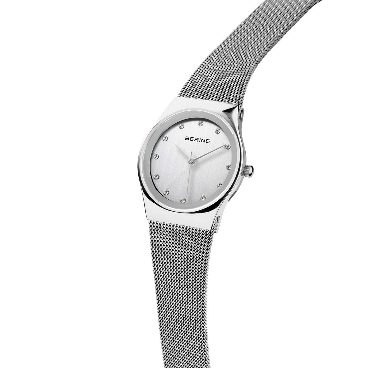 BERING watch with mesh band draped upward, demonstrating the band's flexibility and movement.