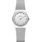 BERING stainless steel wristwatch with white dial and mesh band, shown front-facing.