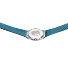 Montre à boîte argent, cadran gris et bracelet en tissu teal, vue de dessus