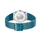 Montre affichée de dos avec transparent du boîtier et bracelet maille bleu