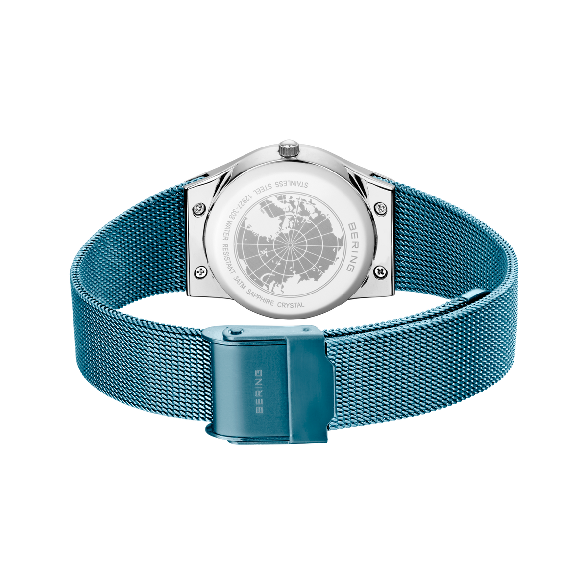 Montre affichée de dos avec transparent du boîtier et bracelet maille bleu