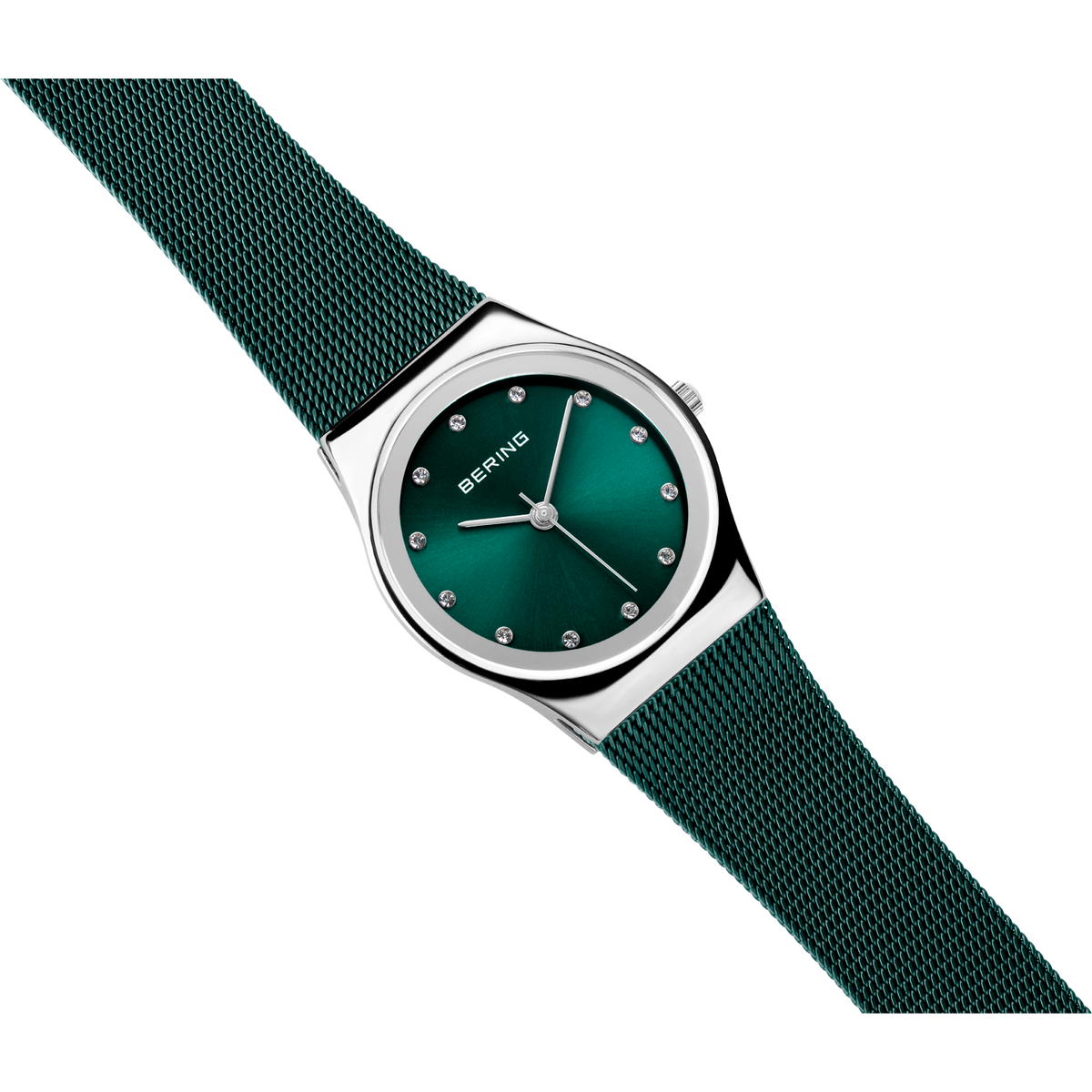 BERING 12927-808 wristwatch with teal dial and silvered case, shown at diagonal angle with matching teal fabric strap.