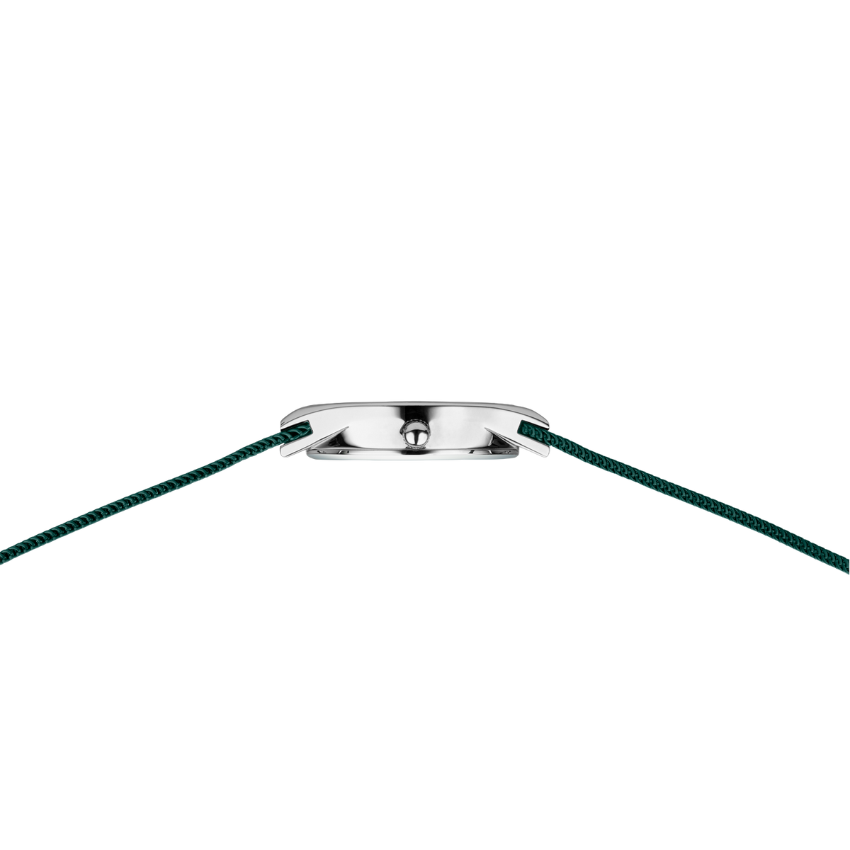 Top-down view of BERING 12927-808 wristwatch showing polished silver case and dark textured fabric strap