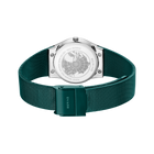 Watch back view showing metallic case back with screw details, teal mesh band and buckle