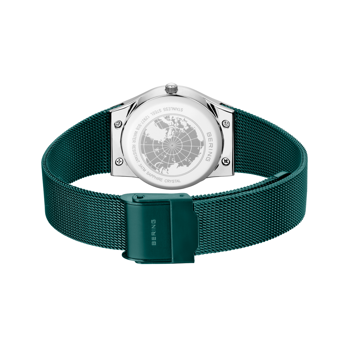 Watch back view showing metallic case back with screw details, teal mesh band and buckle