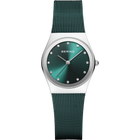 BERING wristwatch with teal mesh band, silver case, and teal dial with hour markers.