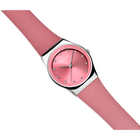 BERING wristwatch with pink dial and red textured fabric strap, shown at an angle on white background