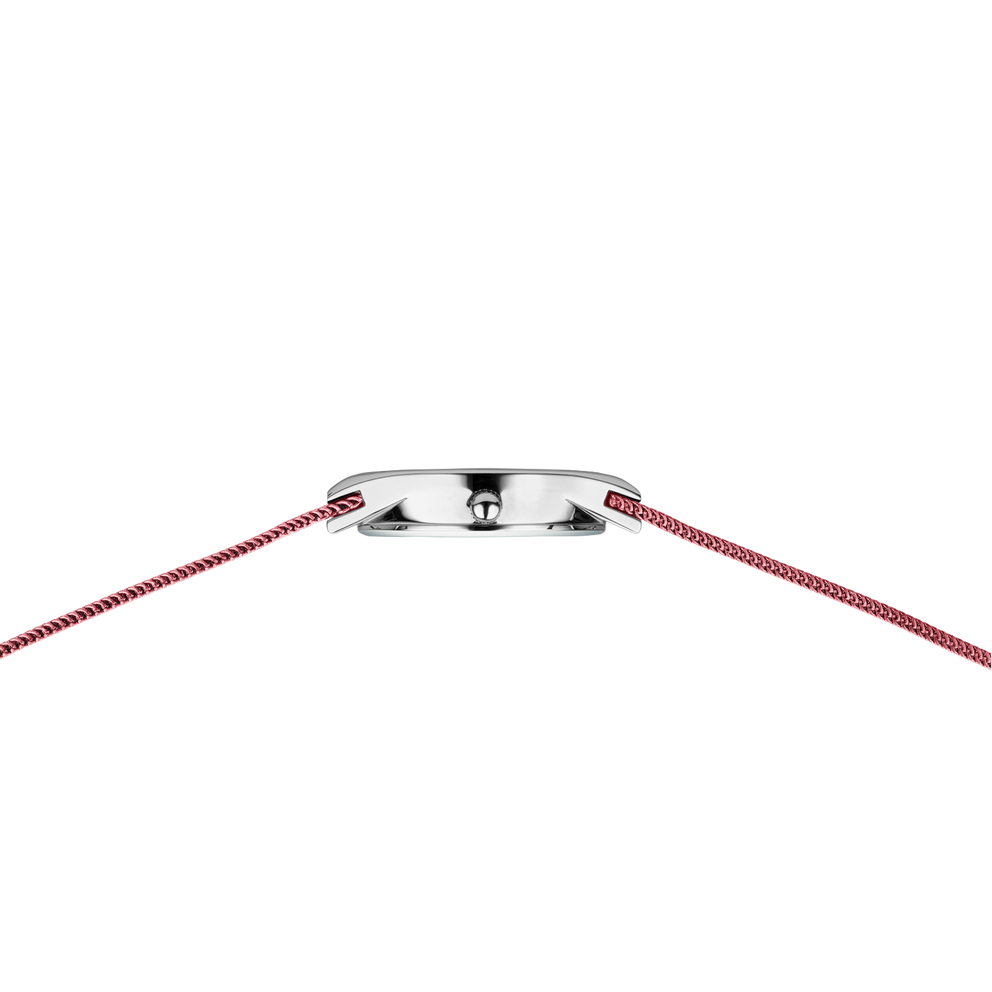 BERING watch 12927-989 side view with red braided textile straps and polished silver case