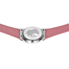 Silver-tone watch case with textured dial and pink fabric mesh strap