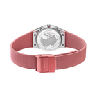 Back view of BERING wristwatch with pink mesh band and stainless steel case back.